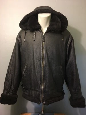 Vtg 80s 90s Black Leather Bomber Jacket Mens L Reversible Faux Shearling Hooded - Image 1 of 4