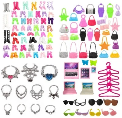 NIMETO Accessoires Zubehör Set passend für Barbie Puppen Schuhe Taschen Schmuck Brille