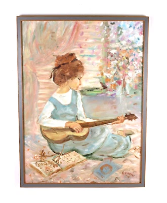Vintage Young Lady Playing Guitar Oil Painting On Canvas Signed R Rosen 72 - Image 1 of 4