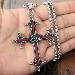 Men's Gothic Bloody Red Enamel Solid 316L Stainless Steel Cross Necklace Pendant - Picture 1 of 16