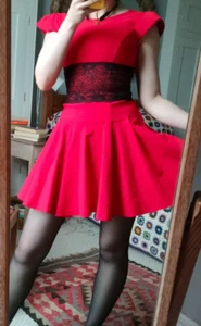Quality Diva catwalk red black lace skater mini dress flattering flare 10/S - Picture 1 of 8
