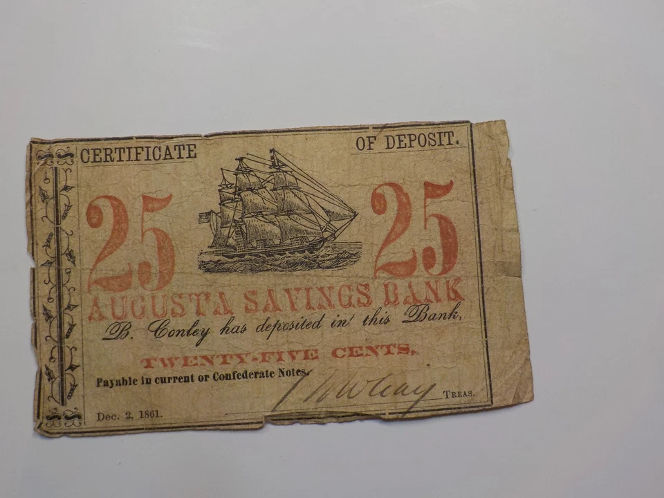 Civil War Confederate 1861 25 Cents Note Augusta Savings Bank Georgia Money VTG  - Image 1 of 2