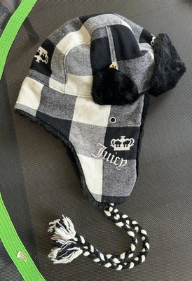 Vintage Y2K Juicy Couture Women Trapper Hat Rare Faux Fur Black White Plaid Cozy - Image 1 of 4