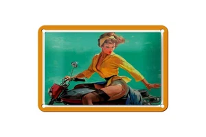 Blechschild Motorrad 12x18 cm Frau auf Mofa Deko Schild - Picture 1 of 5