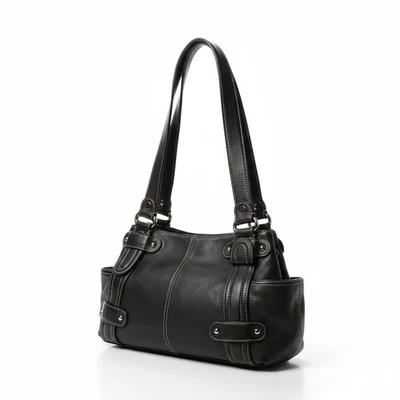 Bolsa de ombro de couro Tignanello preta vintage anos 90 bolsa satchel alça dupla - Imagem 1 de 4