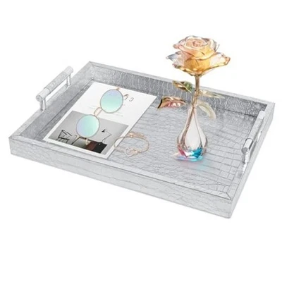 Faux Leather Rectangle Serving Tray with Handles, Large Decorative Tray Silver - Image 1 of 4