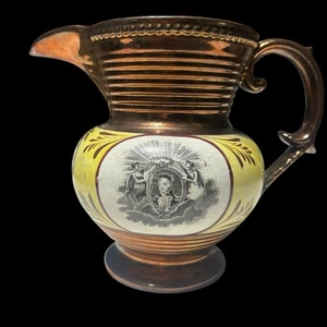 Antigua jarra de cerámica histórica americana con brillo de cobre del siglo XIX en crema - Imagen 1 de 10