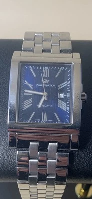 Reloj Philip Rectangular Automático Acero Inoxidable Esfera Azul Hecho en Suiza Foto 1 de 4