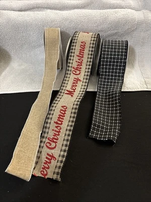 3 Rolls Of Ribbon Used . Merry Christmas And 1 Beige , 1 Black Checker. - Image 1 of 4
