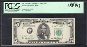 FR. 1963-K* 1950-B $5 *STAR* FEDERAL RESERVE NOTE DALLAS, TX PCGS GEM UNC-65PPQ - Picture 1 of 2