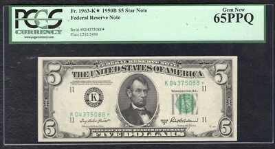 FR. 1963-K* 1950-B $5 *STAR* FEDERAL RESERVE NOTE DALLAS, TX PCGS GEM UNC-65PPQ - Image 1 of 2