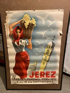 Original seltenes Jerez IV Fiesta Vendimia Mariscal 1951 Reiseposter 24,5 x 34 Zoll - Bild 1 von 10