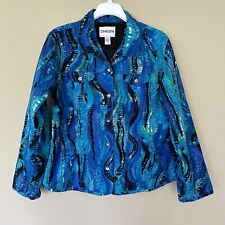 Chico’s Blue Sequin Wave Print Lined Button up Jacket / Shacket Size 3 / XL