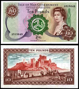 ISLE OF MAN 10 POUNDS DAWSON (P36b) QEII PREFIX A AU/UNC - Picture 1 of 1