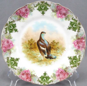 Carl Tielsch Game Bird Pink Roses Green & Gold Scrollwork Plate C. 1875 - 1900 - Picture 1 of 8