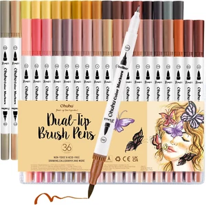 Ohuhu Skin Tone Colouring Pens, 36 Dual Tip Brush Pens Felt Tip Pens Fineliner - Picture 1 of 12