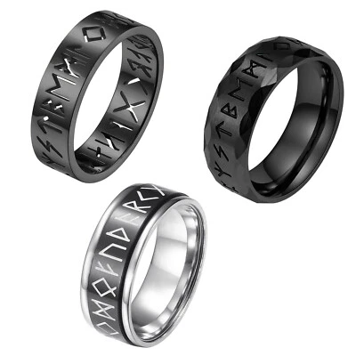 3PCS Mens Norse Viking Runes Stainless Steel Ring 8MM Spinner Anxiety Band #6-12 - Image 1 of 4