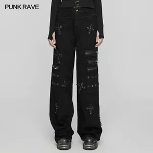 Pantalones sueltos rectos con parche cruzado punk decadente punk rave para mujer negros góticos - Imagen 1 de 24