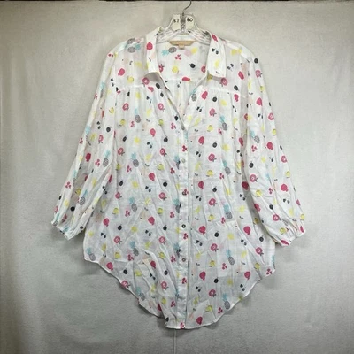 Top grande para mujer mezcla de rayón fino transparente colorido patrón de frutas abierto Foto 1 de 4