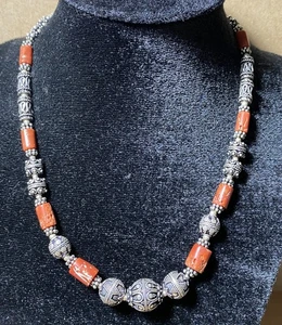 Sterling silver 925 ethnic beads & coral 45gr stone 16 inch necklace. - Picture 1 of 7