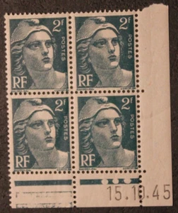 Bloc de 4 - 2F vert MARIANNE DE GANDON - Coin daté - YT713 - Neuf** - 1945 - Picture 1 of 2