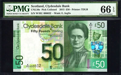 Scotland 50 Pounds 2015 LOW Serial 000036 P-NEW GEM UNC PMG 66 EPQ - Image 1 of 2