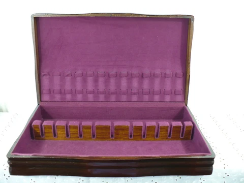 1 Vtg Art Deco Sterling Flatware Walnut Wood Storage Chest Case Burgundy felt Cover