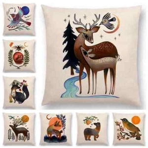 Retro Mystery Watercolor Art Totem Cushion Cover Animals Deer Bear Bird Fish Fox - Picture 1 of 49