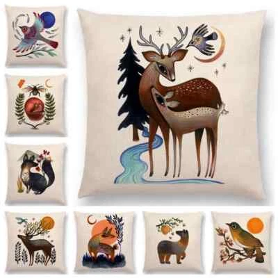 Retro Mystery Watercolor Art Totem Cushion Cover Animals Deer Bear Bird Fish Fox - Image 1 of 4
