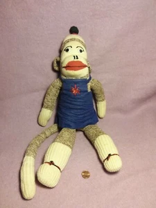 Vintage 19" handmade SOCK MONKEY DOLL GIRL BLUE FELT JUMPER GOOGLY EYES stuffed - Picture 1 of 7
