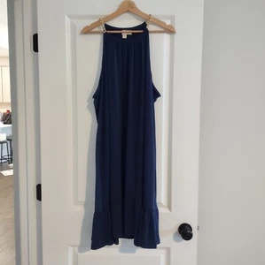 MICHAEL Michael Kors High Neck Flounce Dress Sleeveless Blue Gold Chain Plus 3X - Picture 1 of 9