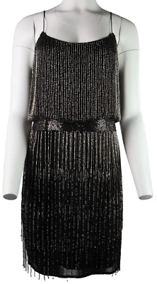 ADRIANNA PAPELL US Women’s S 6 Black Stretch Silver Beaded Fringed Dress Evening - Image 1 of 4