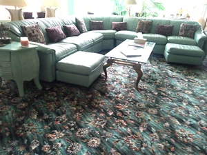 VINTAGE LEATHER TEAL SECTIONAL SOFA 7 PIECES 2 OTTOMANS PLUS 1 BAMBOO END TABLES - Picture 1 of 5