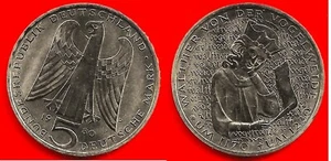 DEUTSCHLAND . 5 MARK 1980 D . VON DER WOGELWEIDE . WUNDERSCHÖN / A. UNC - Bild 1 von 1