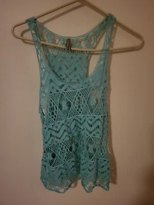 Tocador para mujer de encaje M verde azulado algodón sin mangas 31 L 19 a través de la parte delantera del pecho Pit to Pt Foto 1 de 4