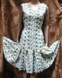 Vintage 1950's 60's Green White Wiggle Dress, Flare Mermaid Ribbon Skirt 34 Bust - Picture 1 of 13