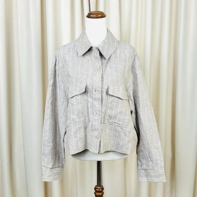 Preview Target Cropped Utility Jacket Linen Beige Stripe Long Sleeve Size 16 - Image 1 of 4