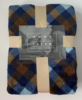 Throw Blanket Soft Plush Fleece Flannel Couch Sofa Bed Plaid 50" x 60" Brown Blu - Image 1 of 4