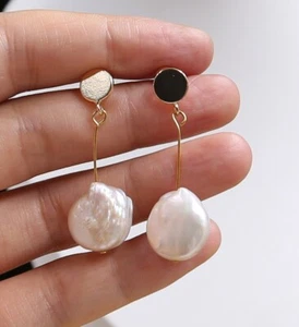 June Pearl Large 13-14mm White Coin Pearls Long Earing - Picture 1 of 4