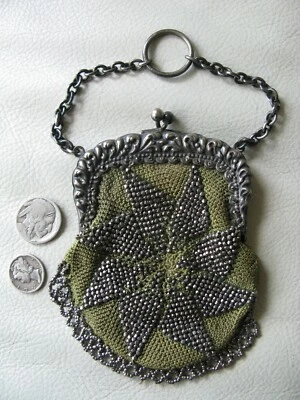 Antique Green Crochet Steel Micro Bead Star Chatelaine Finger Ring Coin Purse - Image 1 of 4