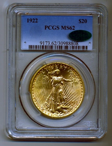 1922 PCGS MS62 $20 St Gaudens  Gold Double Eagle CAC Cover