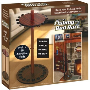 Wooden Fishing Rod Rack Pole Holder Organizer Round Reel Storage Stand Holds 16 - Picture 1 of 7