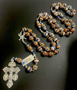 Semi Precious Blue Tibetan Dzi Agate 10mm Stone Rosary Indulgence Crucifix Tag