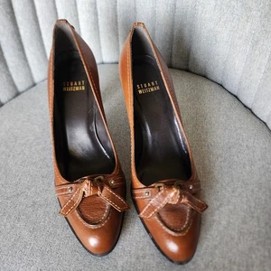 STUART WEITZMAN Women’s Brown Leather Knot Stacked Heel Pumps Size 5.5 M - Picture 1 of 19
