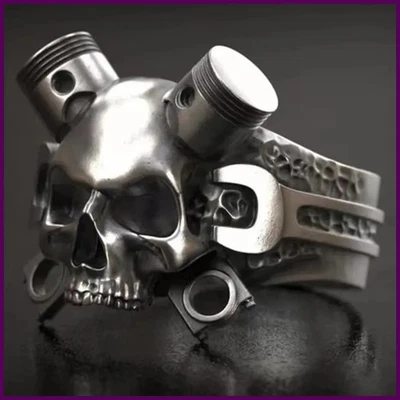 Retro New Simple Steampunk Heavy Skull Ring Gothic Wrench Screw Skull - Image 1 of 4
