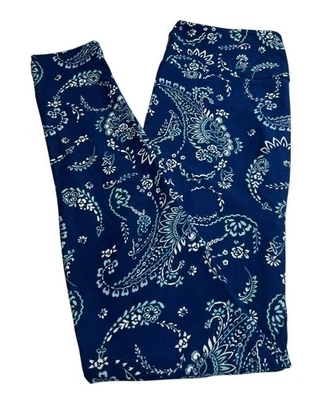 LuLaRoe Leggings OS One Size Bandanna PAISLEY Blue Fun Flower Leaves Stretchy - Image 1 of 4
