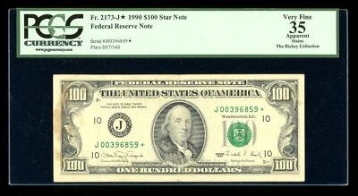DBR 1990 $100 FRN STAR Kansas City Fr. 2173-J* PCGS App 35 Serial J00396859* - Image 1 of 2