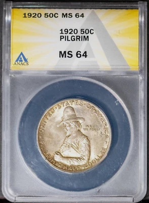 1920 50c Silver Pilgrim Half-dollar MS 64 ANACS # 7477232 + Bonus Nice Color - Image 1 of 2