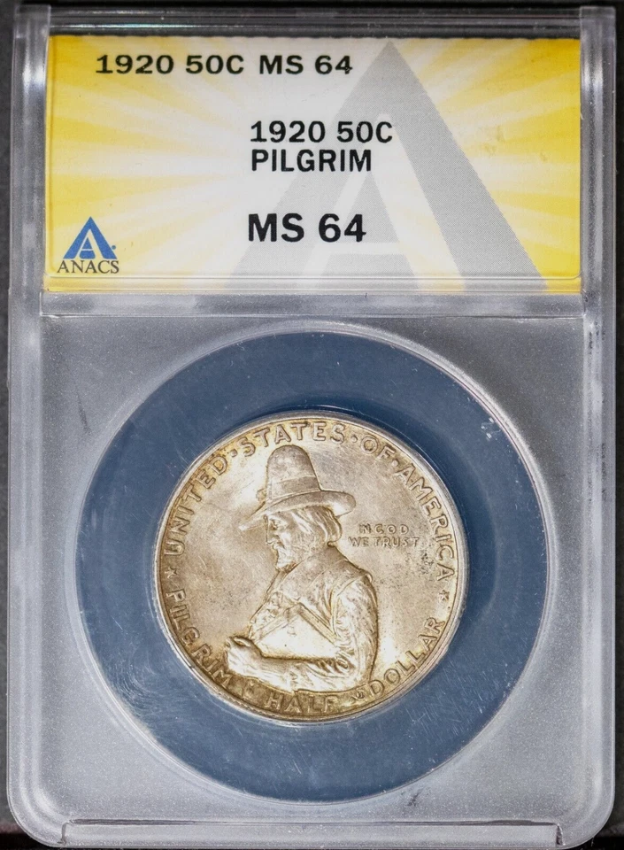 1920 50c Silver Pilgrim Half-dollar MS 64 ANACS # 7477232 + Bonus Nice Color - Image 1 of 2