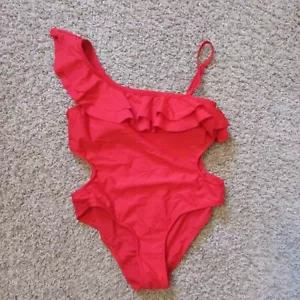Neu ohne Etikett Shein XS 160 rot Rüschen Schulter Einteiler Cut-Out Seiten Badeanzug - Bild 1 von 2